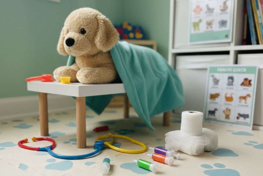 A playful veterinary play corner carefully staged without any humans, featuring a child-sized examination table with a plush golden retriever toy lying on a soft teal blanket. Surrounding it are neatly arranged plastic stethoscopes, bandage rolls, colorful pretend syringes, and laminated animal health charts propped on a low white storage unit. The scene sits in a bright, cozy room with pale pastel walls and a soft foam mat floor patterned with paw prints. Gentle daylight streams through an unseen window, creating soft, natural highlights and mild shadows. Photographed at child’s-eye level with a shallow depth of field, the focus is on the plush patient and tools, conveying a warm, imaginative, and educational atmosphere with clean, photographic realism.