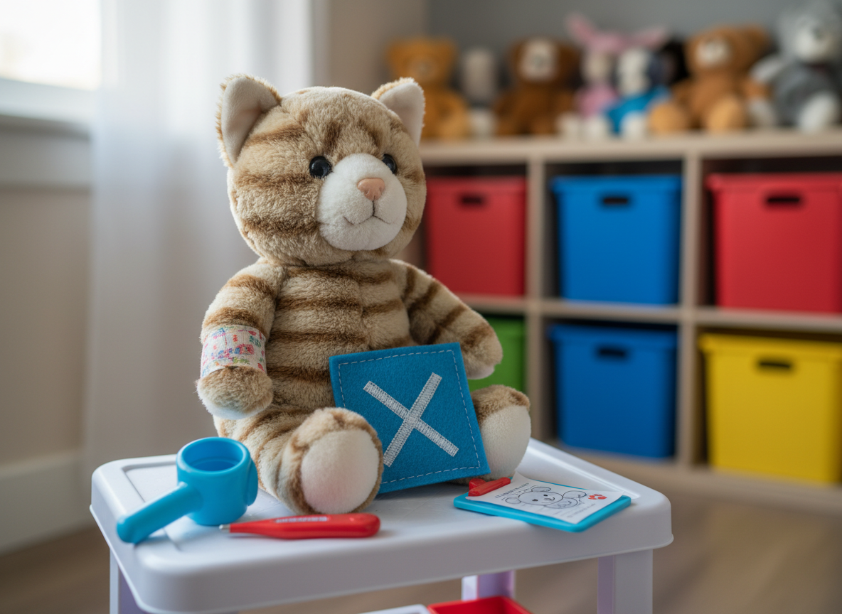 A close-up photographic scene of a plush tabby cat toy sitting upright on a small, white plastic examination table, wearing a tiny fabric bandage on one paw and a blue felt ‘X-ray’ card leaning against its side. Various child-sized veterinary tools—plastic otoscope, thermometer, and a tiny clipboard with a drawn patient chart—are scattered neatly around. The background shows blurred shelves filled with additional animal plushies and colorful storage boxes. Natural, diffused afternoon light enters from the left, creating a soft glow on the cat’s textured fur and subtle shadows beneath the tools. Captured at a slight three-quarter angle with shallow depth of field, the image feels intimate, caring, and gently playful, emphasizing realistic details in a bright, photographic style.