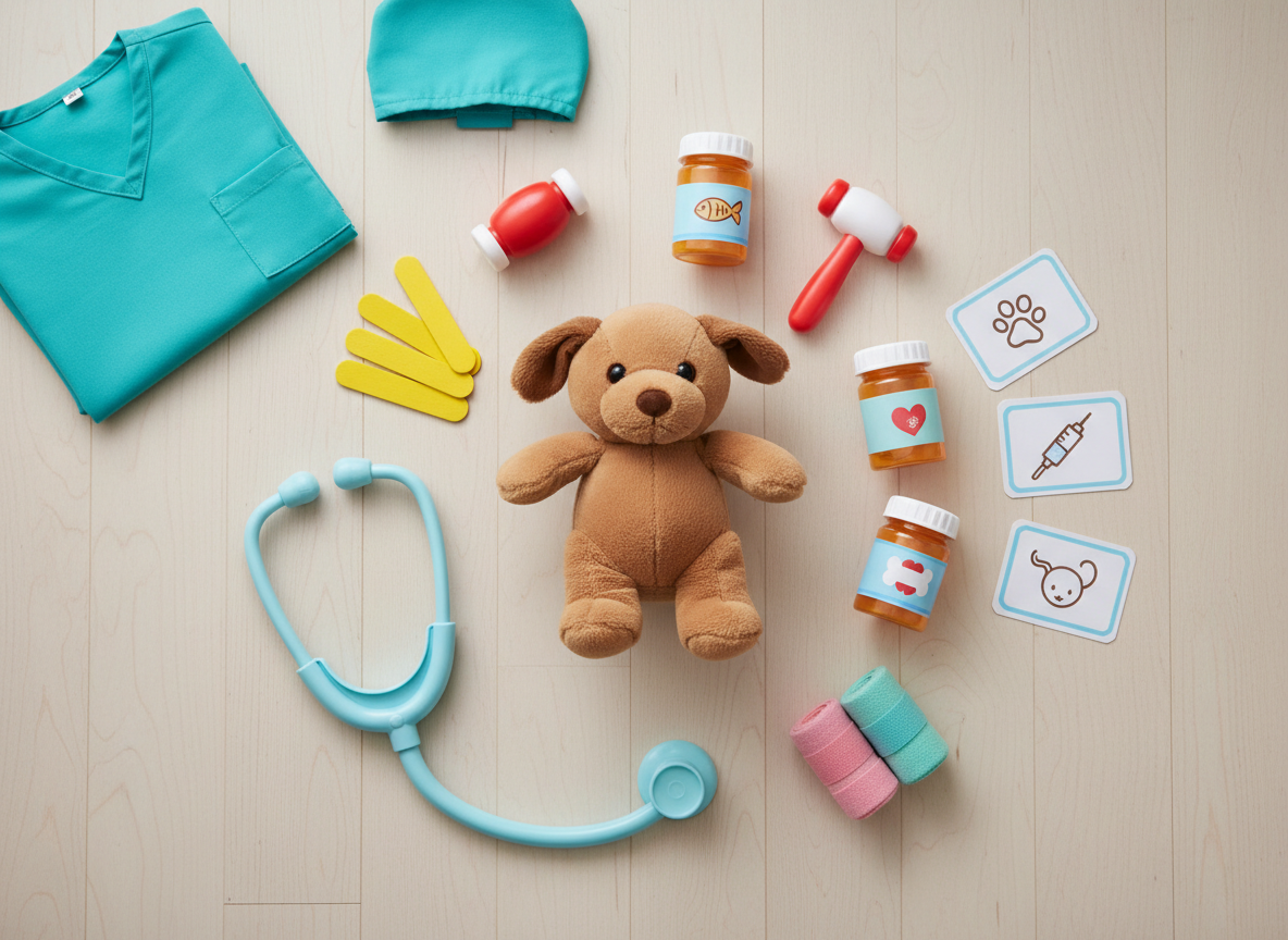 An overhead photographic view of a neatly arranged veterinary play kit spread across a light wooden floor, with no humans present. In the center lies a soft brown plush puppy, surrounded like a sunburst by toy instruments: plastic stethoscope, reflex hammer, tongue depressors, pill bottles with illustrated labels, colorful bandage rolls, and small laminated ‘care instructions’ cards with simple icons. A folded teal play scrub top and matching cap are placed near the corner to suggest dress-up without a wearer. The scene is lit by soft, even natural light from an unseen window, minimizing harsh shadows and enhancing the bright pastel colors. The composition is flat-lay style with crisp photographic realism, conveying an organized, inviting, and imaginative veterinary learning environment.